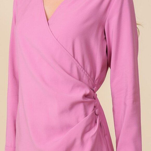 LUMIERE Pink Wrap Mini Dress with Long Sleeves, Collared Surplice Style - Picture 8 of 8
